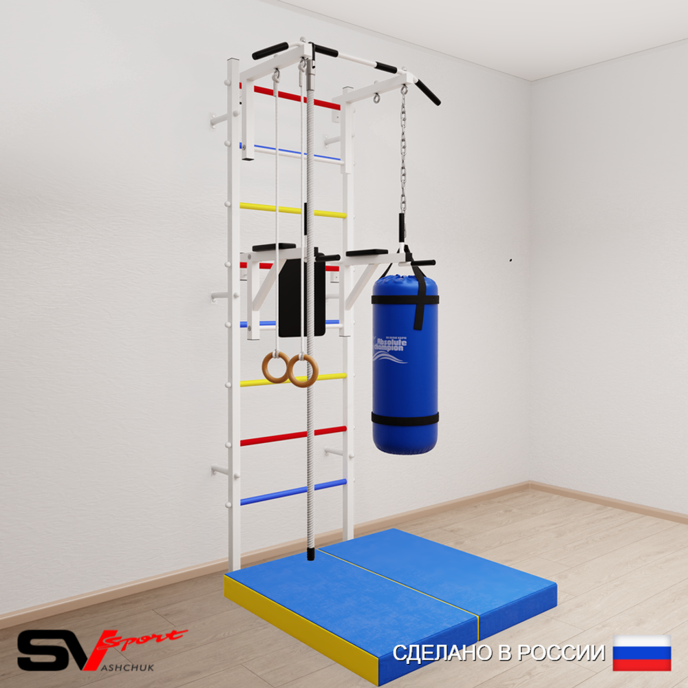 Шведская стенка Sv Sport 5746 (Турник стандарт/Брусья/Канат/Кольца/Цепь/Мешок 22кг/Мат 1м)