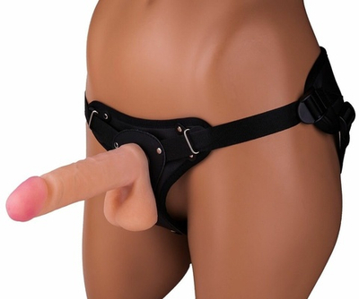 Женский страпон с реалистичной насадкой и вагинальной пробкой - 16 см. (Цвет: телесный с черным)