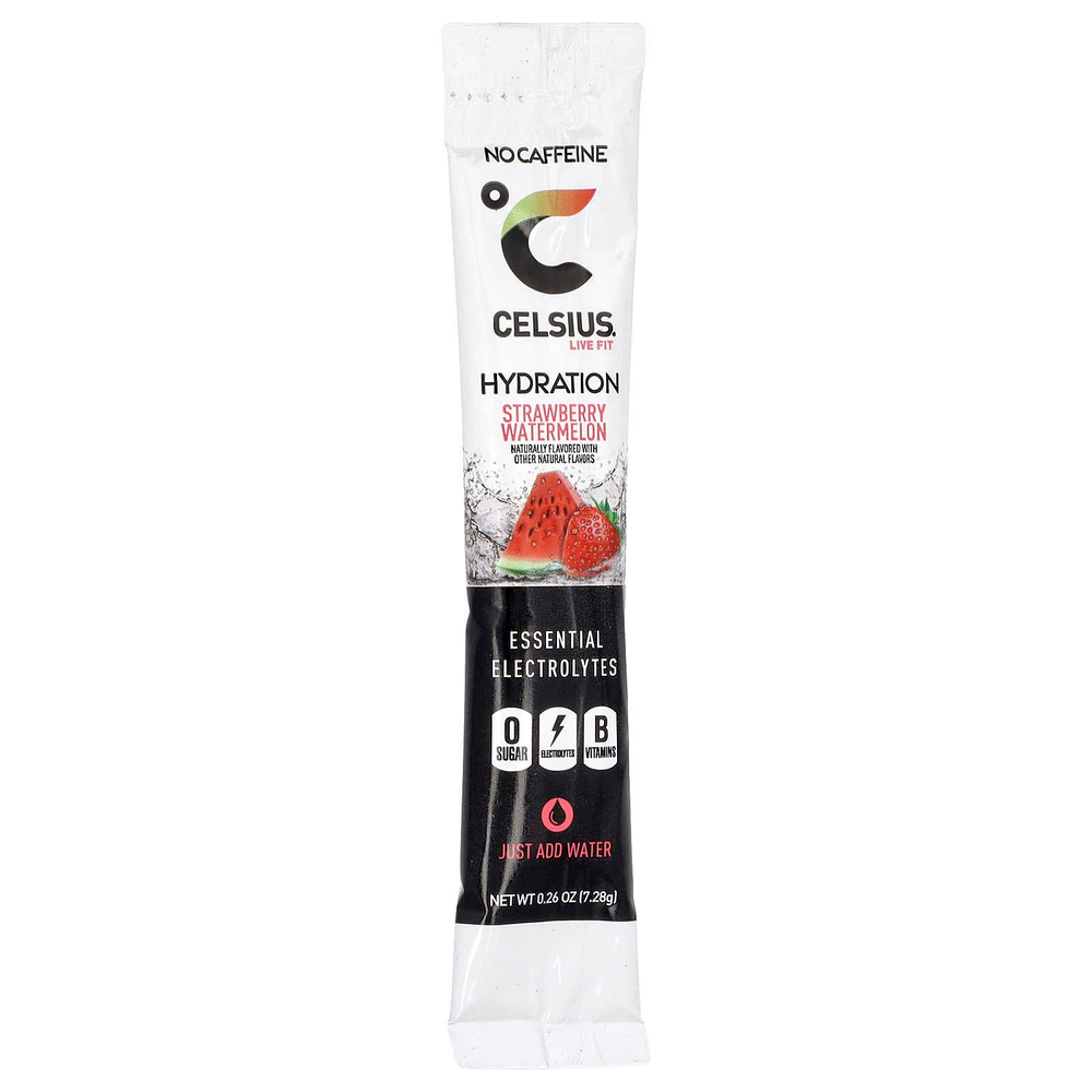 Celsius, Live Fit, увлажнение, незаменимые электролиты, без кофеина, клубника и арбуз, 14 порошковых стиков для увлажнения, по 7,28 г (0,26 унции)