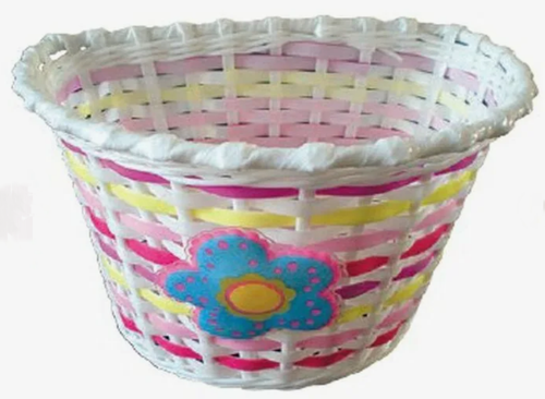 Корзина TRIX для детского велосипеда 12"-16", крепление на руль, 235х165х155мм, пластиковая, плетёная, желто-розово-белая (50)