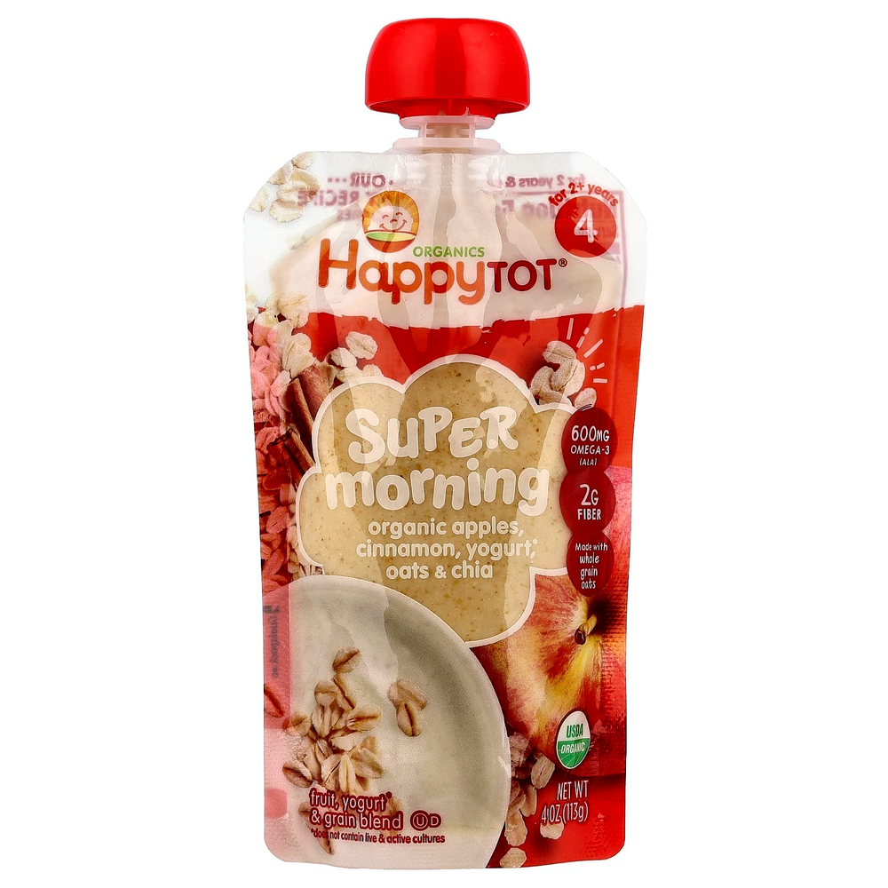 Happy Family Organics, Happytot, Super Morning, этап 4, органические яблоки, корица, йогурт, овес и суперчайя, 113 г (4 унции)