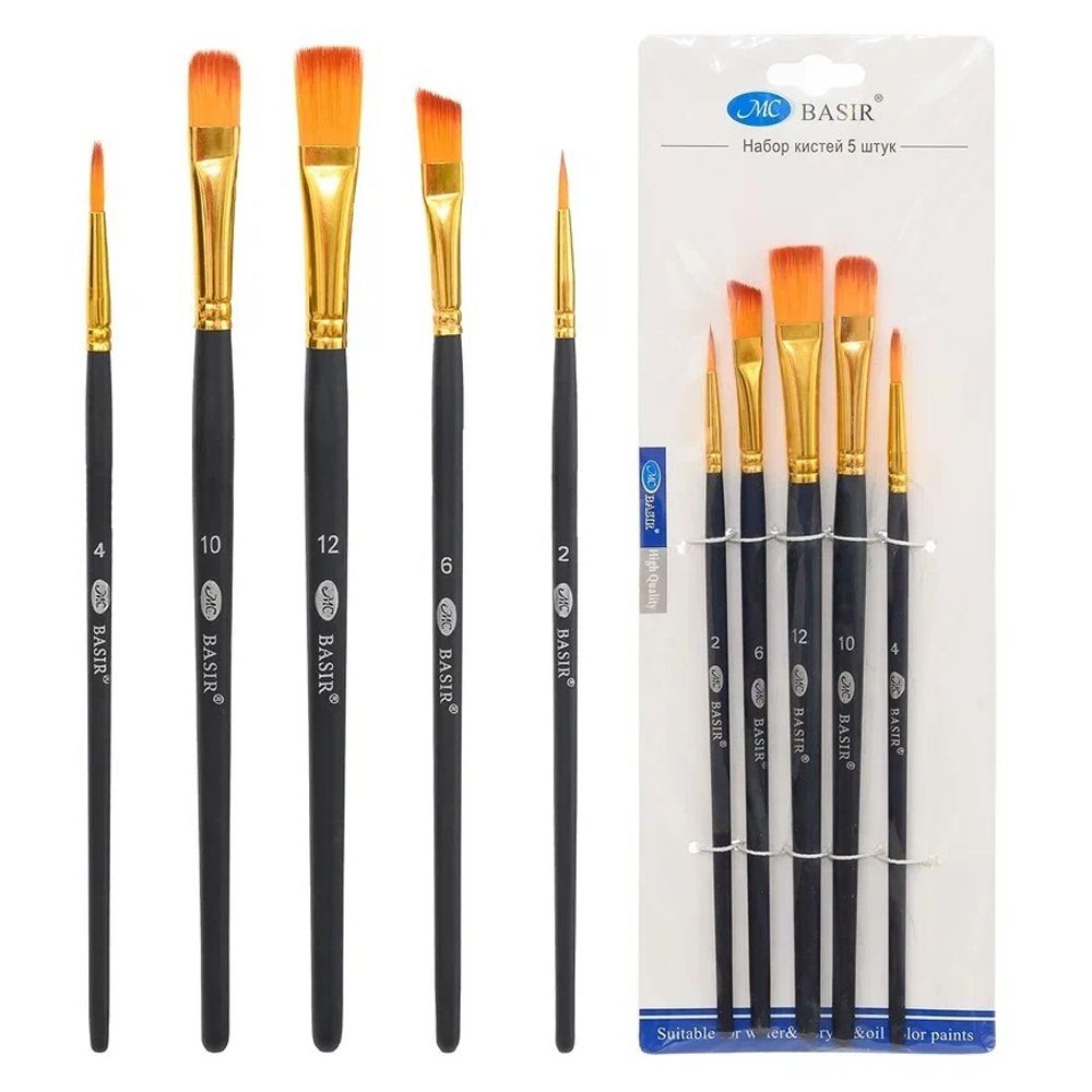 Кисть для рисования Basir художественная, нейлон, плоские, № 2,4,6,10,12, чёрный корпус, набор из 5 шт Кисть для рисования Basir художественная, нейлон, плоские, № 2,4,6,10,12, чёрный корпус, набор из 5 шт