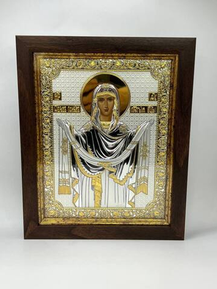 Покрова БМ, икона прямоугольная в рамке под стеклом, красное дерево, 232х280