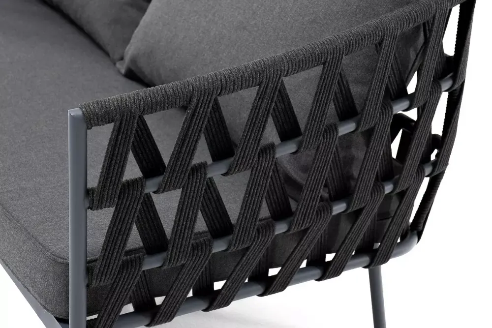"Диего" диван 2-местный плетеный из роупа, каркас алюминий темно-серый (RAL7024) муар, роуп темно-серый круглый, ткань темно-серая 027