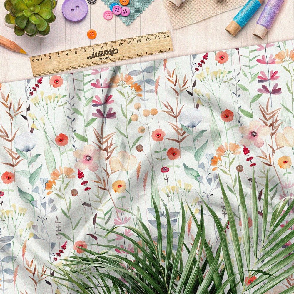 Ткань интерлок акварельные листочки с цветами