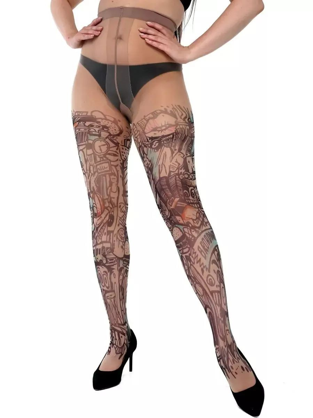 Молодежные колготки +size с принтом (Размер: XL-XXL-XXXL) (Цвет: бежевый)