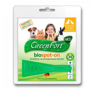 GreenFort NEO Биокапли для кошек кроликов и собак до 10 кг от клещей, блох, вшей, власоедов, комаров, слепней 1 мл