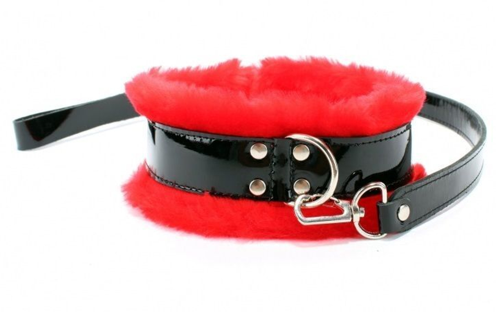 Красный меховой ошейник с ремешками и поводком из лакированной кожи (Цвет: красный с черным)