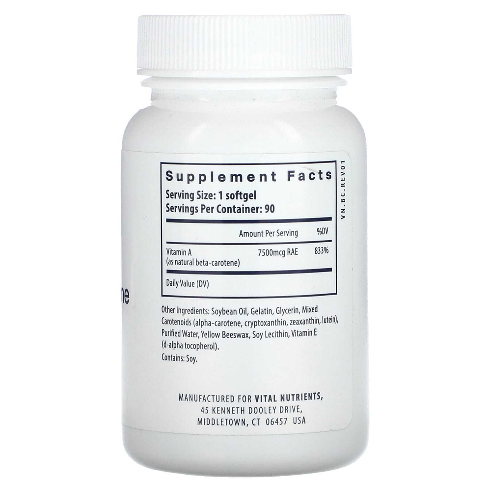 Vital Nutrients, Натуральный бета-каротин, 90 мягких таблеток (7500 мкг RAE в одной капсуле)