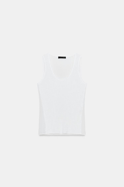 ZARA КОМБИНИРОВАННЫЙ ПОЛУПРОЗРАЧНЫЙ ТРИКОТАЖНЫЙ ТОП, БЕЛЫЙ