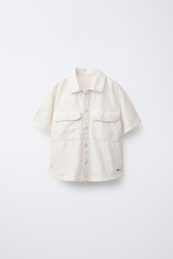 ZARA ЛЬНЯНАЯ РУБАШКА С КАРМАНАМИ, ЭКРЮ