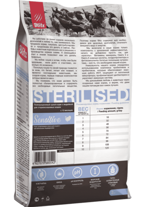 Сухой корм для стерилизованных кошек с индейкой Blitz Sensitive Turkey Adult Sterilised Cat All Breeds 2кг