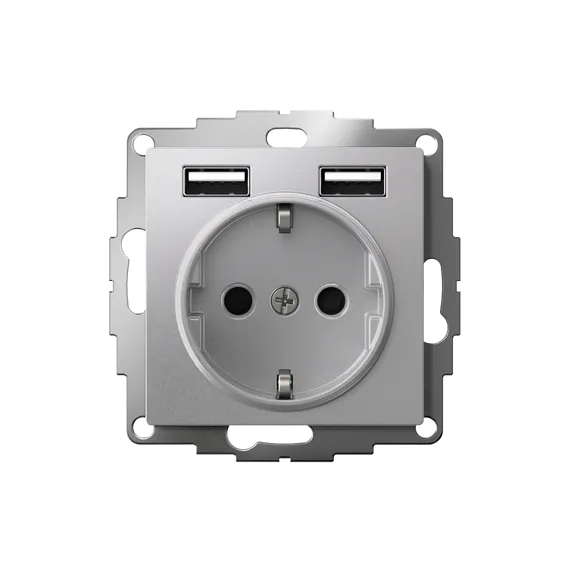 Розетка 1-м СП AtlasDesign 16А IP20 с 2-мя заряд. устройствами USB тип A+A 5В/2.4А 2х5В/1.2А механизм алюм. SE ATN000330