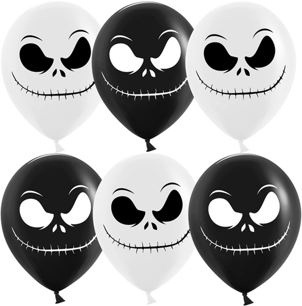 Воздушные шары Джек Скеллингтон, Черный/Белый, пастель 30см с гелием и обработкой Хай-флоат