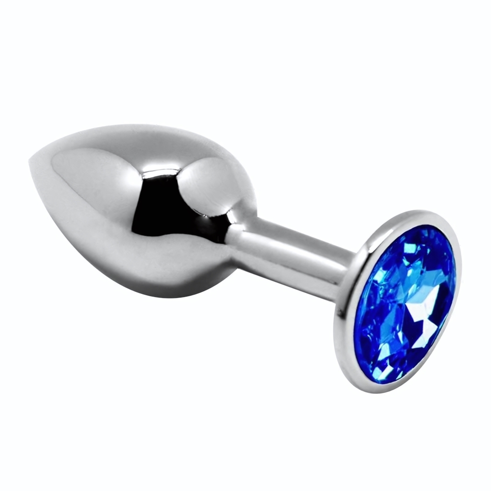 Серебристая анальная втулка с синим кристаллом Mini Metal Butt Plug Size S - 7 см. (Цвет: серебристый)