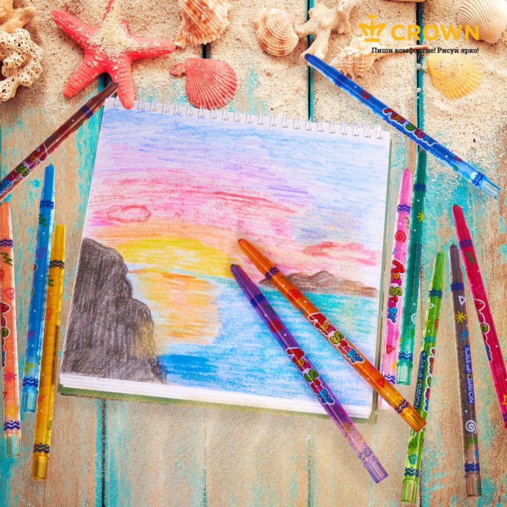 Карандаши восковые Crown "ArtStory", 08цв., выкручивающийся стержень, ПВХ, европодвес