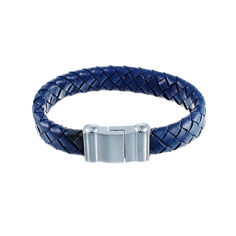 Стильный плетёный плоский кожаный синий браслет со стальным замком 232-0113 в подарочной упаковке