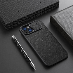 Кожаный чехол книжка от Nillkin для iPhone 15, серия Qin Pro Leather с защитной шторкой для камеры