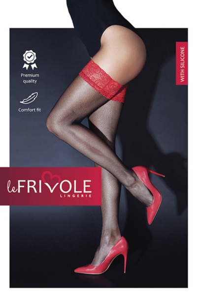 Чулки Le Frivole с красной кружевной резинкой на силиконе черные S/M