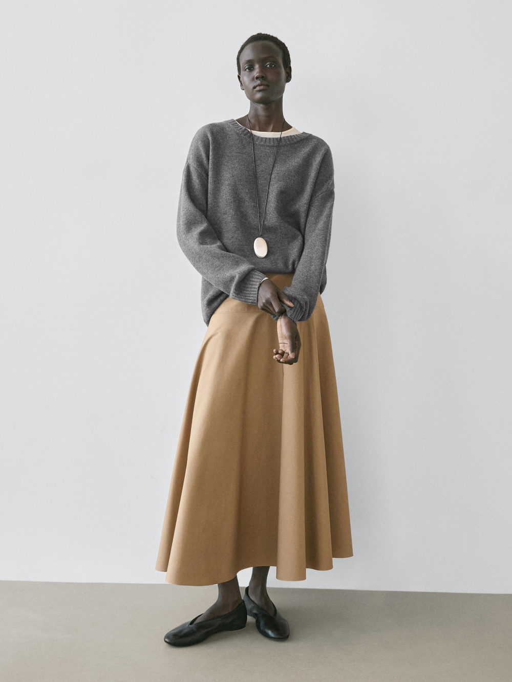 Massimo Dutti Юбка миди с воланами на кокетке, цвет верблюжьей шерсти