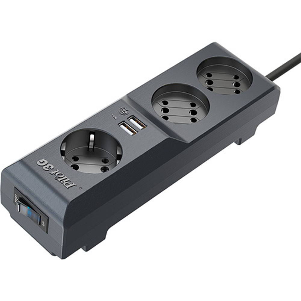 Сетевой фильтр Pilot 3G 3xGP euro outlets, 10А/2.2кВа, 2xUSB, 7m