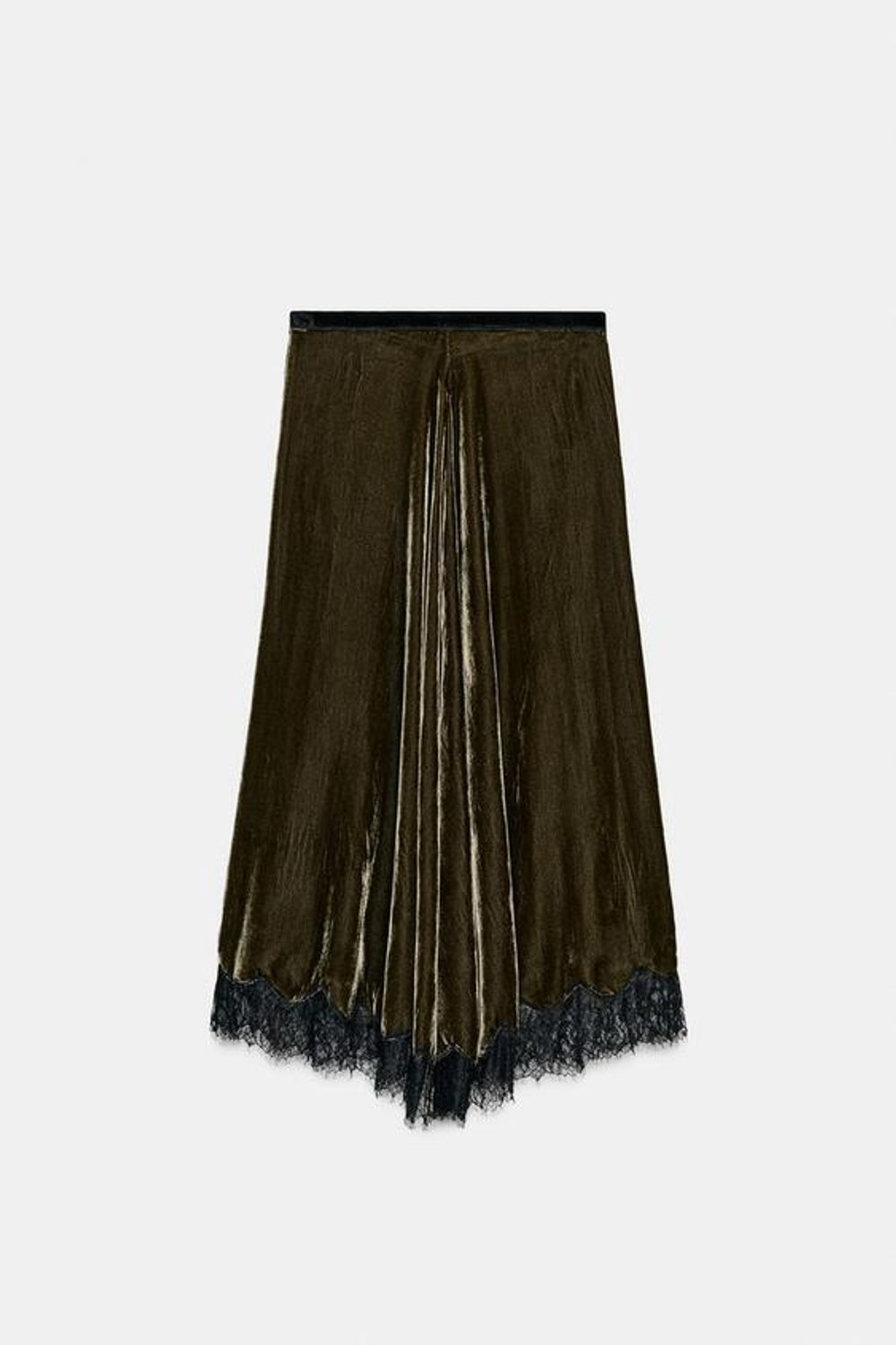 ZARA БАРХАТНАЯ ЮБКА С КРУЖЕВОМ — ZW COLLECTION LIMITED EDITION, ЗЕЛЕНОВАТЫЙ