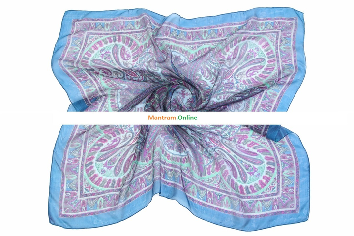 Платок материал Шелк 100% Плотный узор цвет зеленый розовый фиолетовый на голубом с лазурно-синей каймой 100x100см.