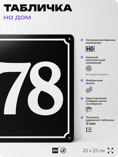 Адресная табличка с номером дома 178, на фасад и забор, черная, 25х25 см, Айдентика Технолоджи