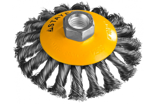 Щетка коническая PROFESSIONAL (100 мм; М14; плетеные пучки проволоки 0.5 мм) для УШМ STAYER 35135-100