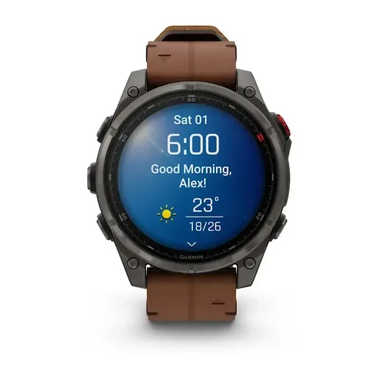 Смарт-часы Garmin Fenix 8 Pro AMOLED (51 мм) Sapphire карбоново-серый DLC титан с каштановым кожаным ремешком 010-03199-40