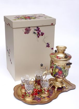 Zhostovo samovar, hand forged tray and 4 tea glass holders in gift box – set of 4 tea glass holders SET01D1911914833