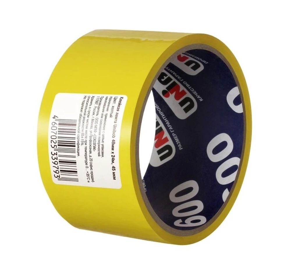 Клейкая лента упаковочная Unibob, 48мм*24м, 45мкм, желтая