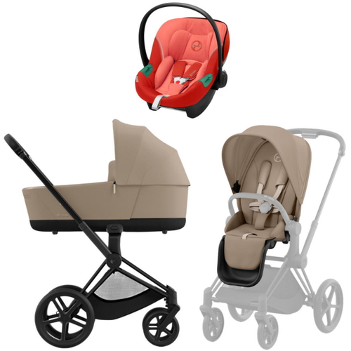 Коляска 3 в 1 Cybex Priam IV Matt Black complete и автокресло Aton S2 i-Size Hibiscus Red Cozy Beige