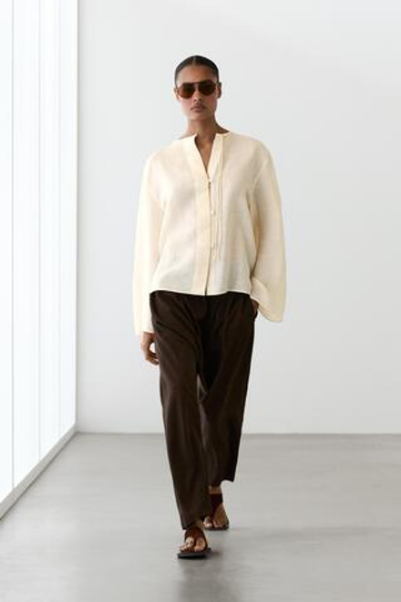 Massimo Dutti Рубашка из 100% льняной ткани с вырезом, ванильный