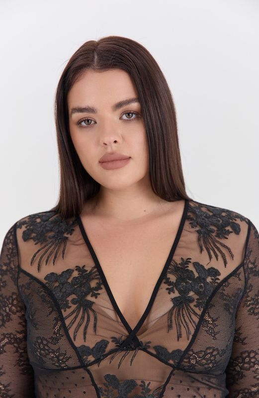 Лонгслив из сетки и кружева, черный