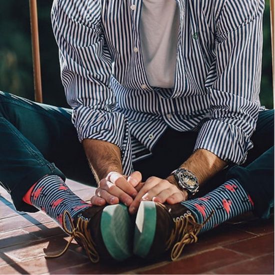 Носки "Фламинго", р-р 40-46, (черные/голубые полосы/ярко розовая пятка)