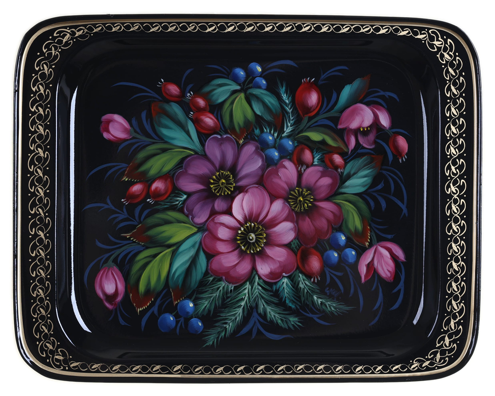 Жостовский поднос декоративный, размер 33х26 см (A13), металлический