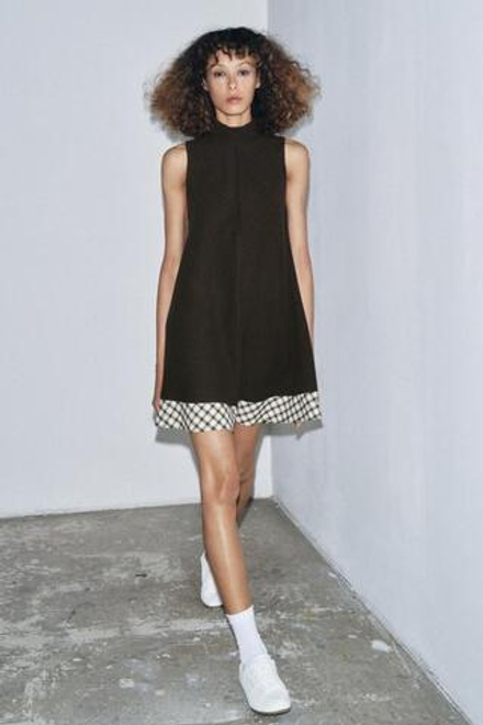 ZARA КОРОТКОЕ ПЛАТЬЕ В КЛЕТКУ, КОРИЧНЕВЫЙ