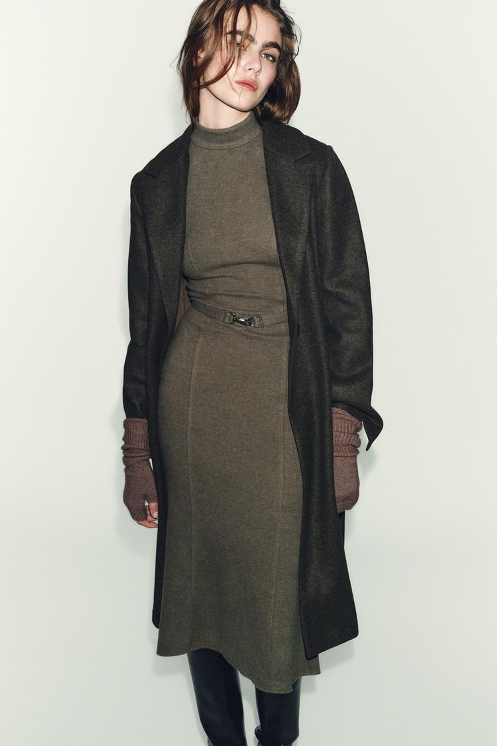 ZARA ДЛИННЫЕ ТРИКОТАЖНЫЕ МИТЕНКИ, СЕРОВАТО-КОРИЧНЕВЫЙ