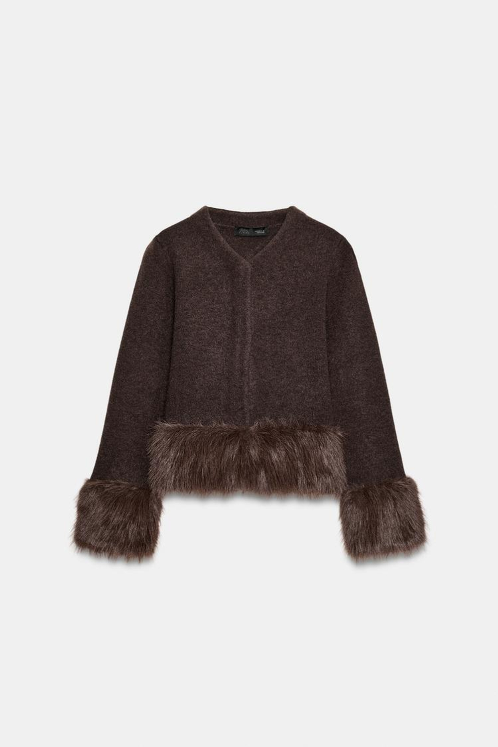 ZARА КАРДИГАН С КОМБИНИРОВАННЫМ ИСКУССТВЕННЫМ МЕХОМ, КОРИЧНЕВЫЙ