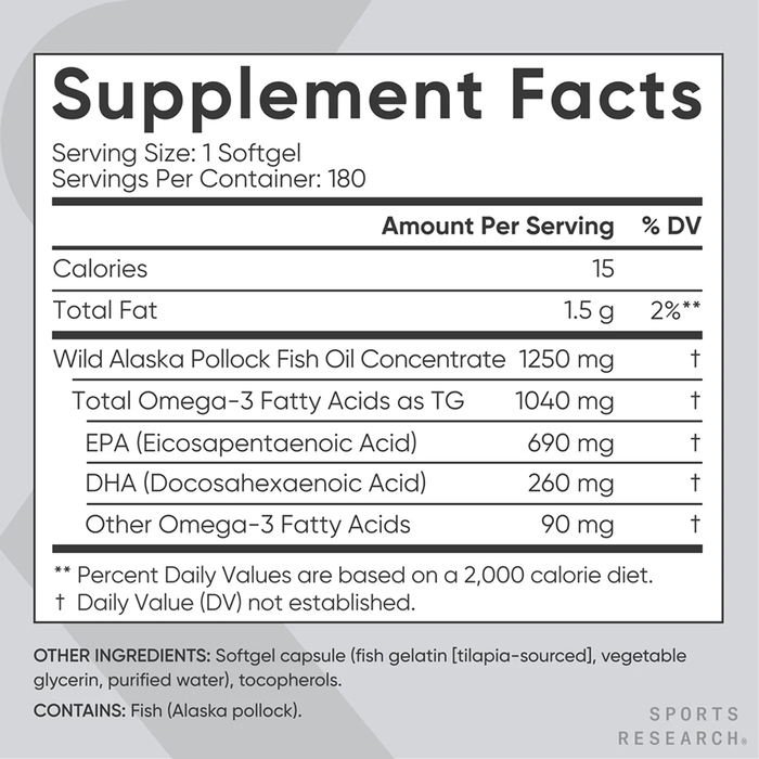 Рыбий жир с Омега-3 1250 мг, Omega-3 Fish Oil AlaskOmega 1250 mg, Sports Research, 180 капсул 2
