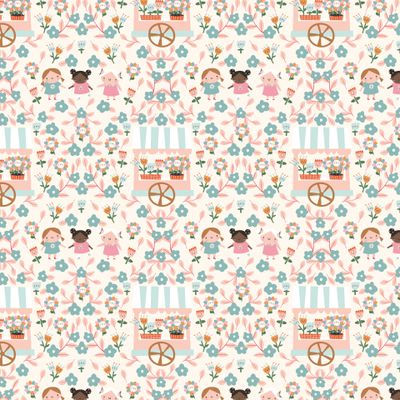 Цветочный узор с детьми  и витриной с цветами.