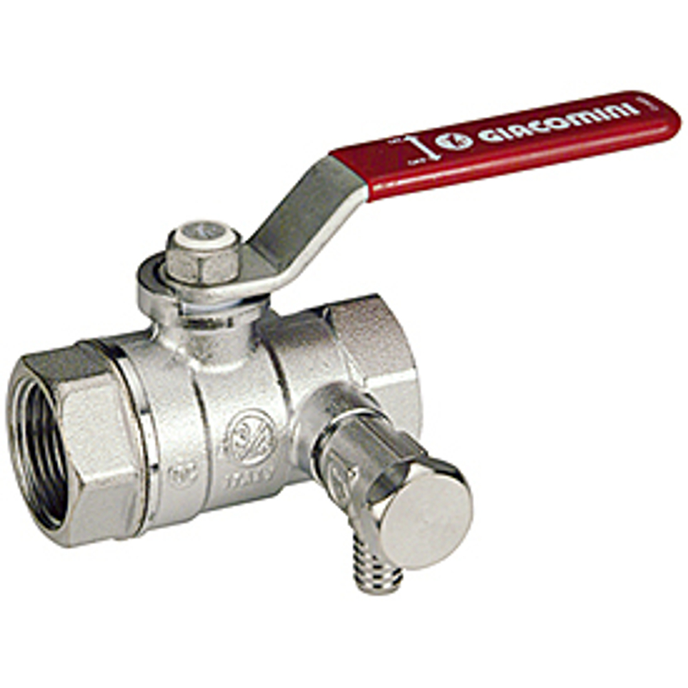Кран шаровой Giacomini R250DS - 1/2" (ВР/ВР, PN42, со сливным штуцером 1/4", ручка-рычаг красная)