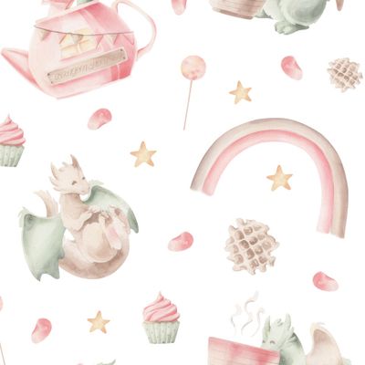 Акварельные драконы и сладости на белом.