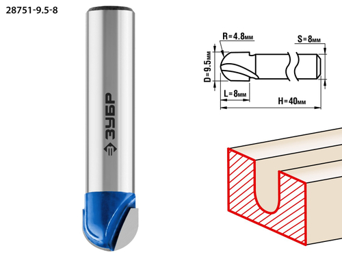 ЗУБР 9.5x8мм, радиус 4.8мм, фреза пазовая галтельная