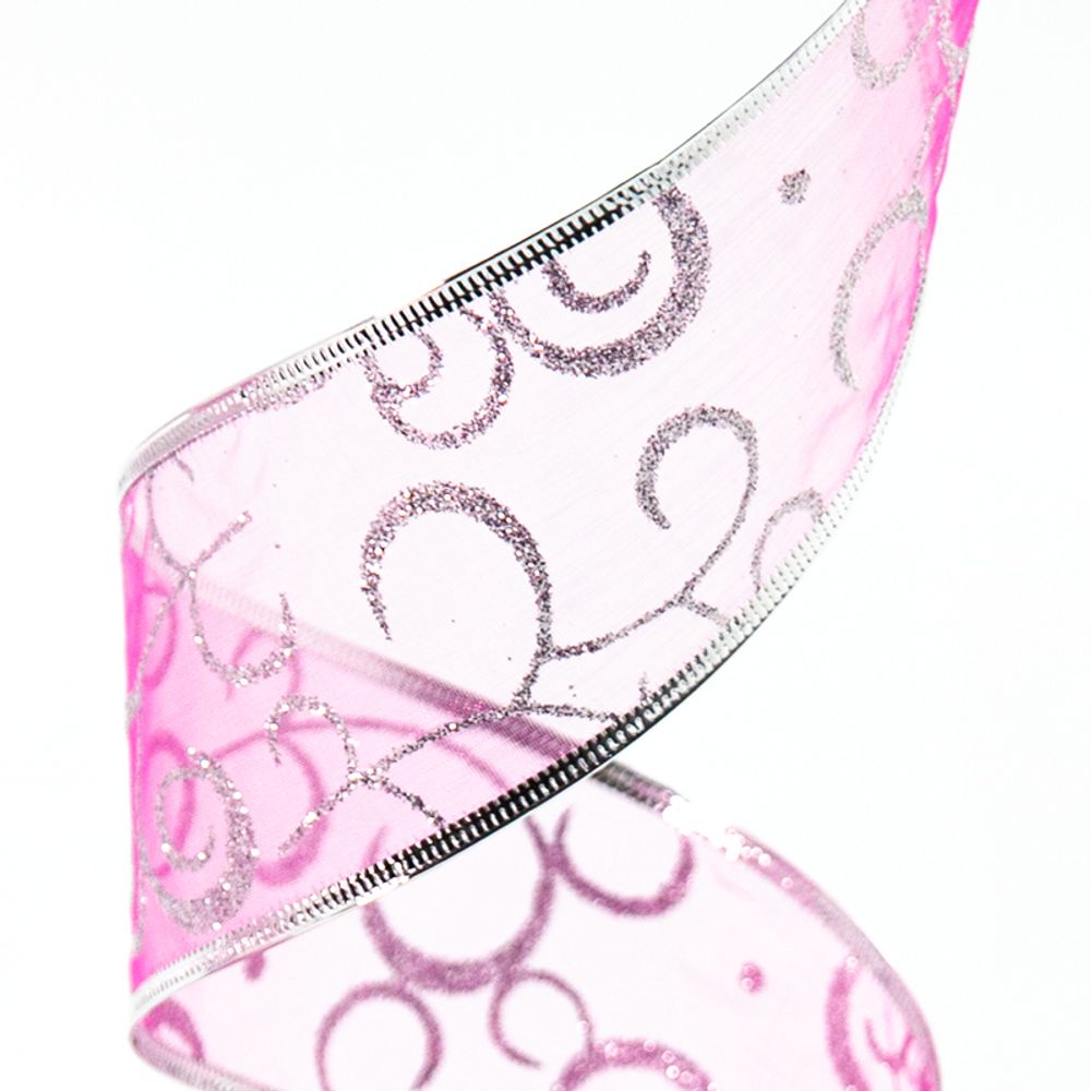 Лента декоративная (6 см*2,74 м) Ассорти дизайнов, Органза, Розовый, 1 шт.