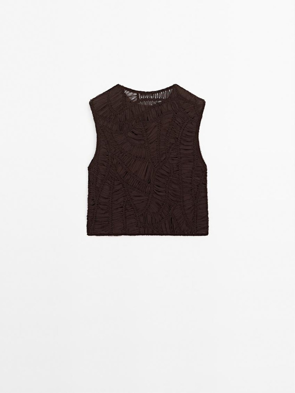 Massimo Dutti Топ из кружева кроше ажурной вязки с цветочным принтом, коричневый