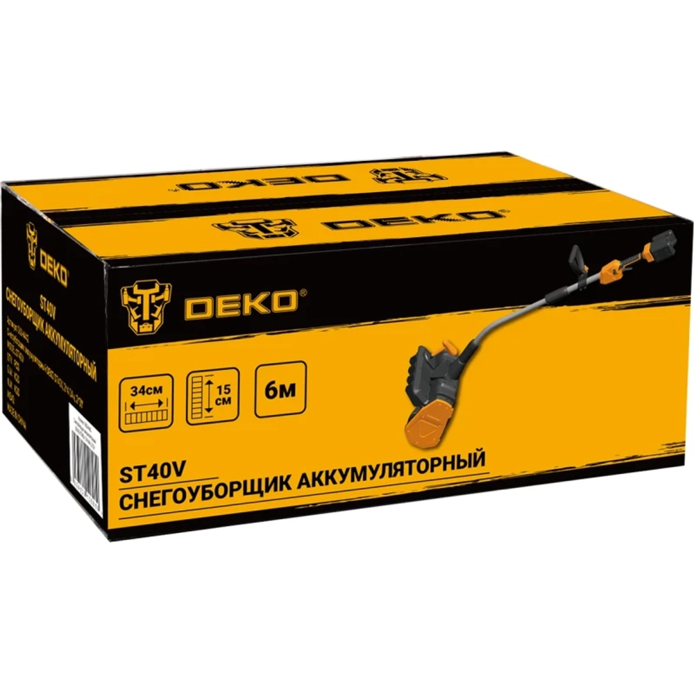 DEKO ST40V 40В снегоуборщик аккумуляторный (2 x 4 Ач, 2 ЗУ) ковш 35 см, выброс 6 м 063-4442