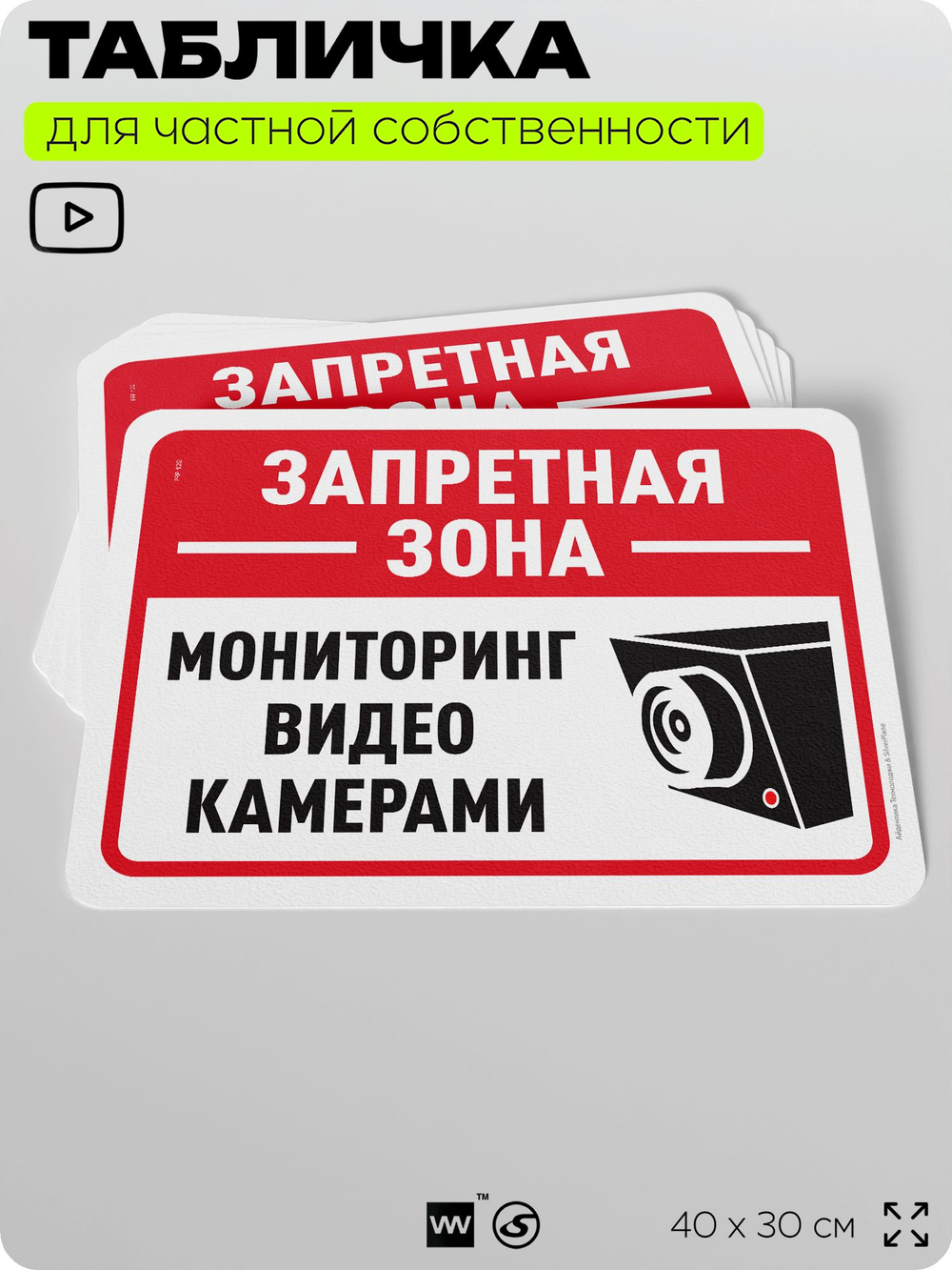 Табличка для частной территории "Запретная зона, мониторинг видеокамерами", на дом, для участка, организаций и частных территорий, предупреждающая, 40х30 см, Silver Plane x Айдентика Технолоджи