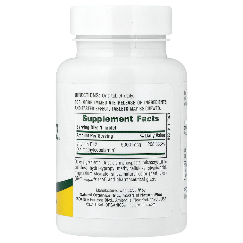 NaturesPlus, Shot-O-B12®, длительное высвобождение, 5000 мкг, 60 таблеток